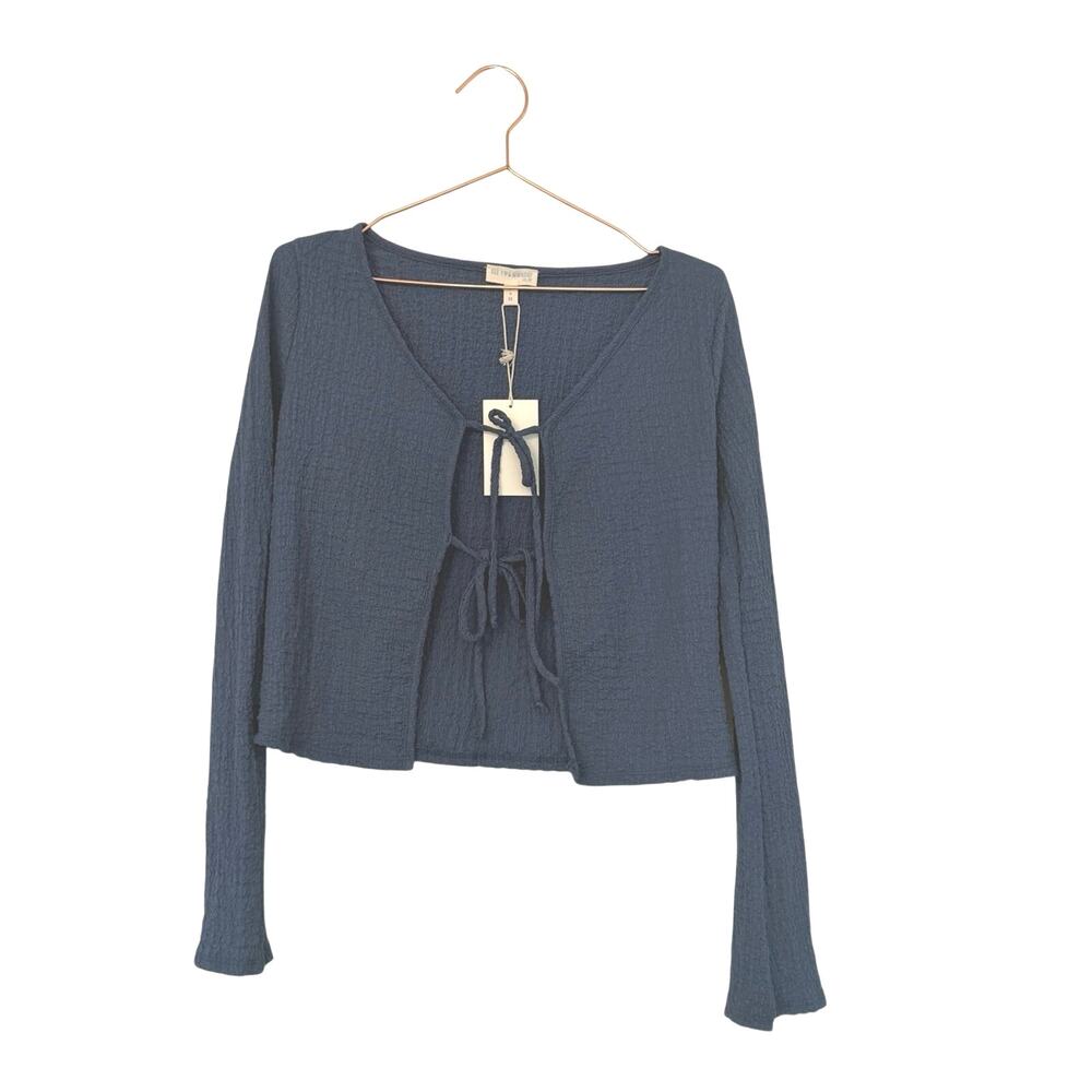 See you Monday Long-Sleeve Tie-Front Textured Top - deep blue